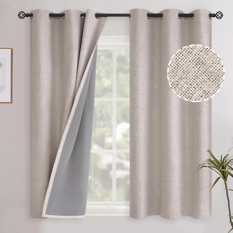 YoungsTex Short Linen Blackout Curtains 45 Inch Length for Bedroom, Full Room Darkening Linen Textured Window Drapes Thermal Insulated Panels, 2 Panels, 42 X 45 Inch, Beige - Image 1
